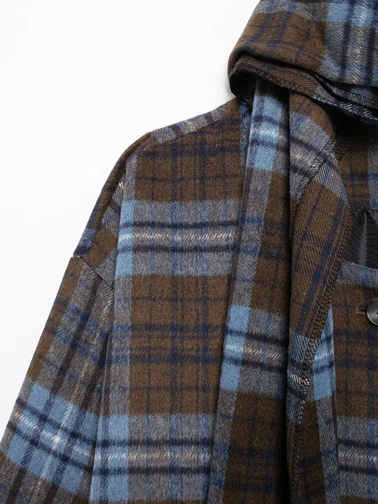 2024 herbst/Winter Europäischen Stil Damen Retro Casual Schal Kragen Blau Plaid Woolen Langen Mantel