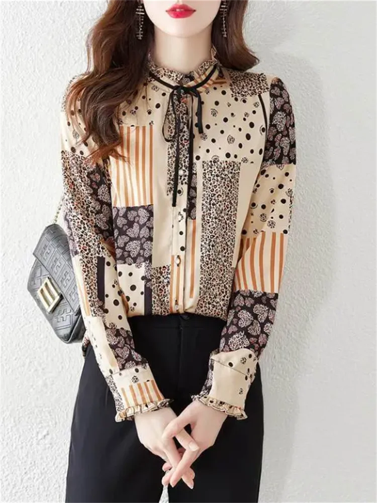 Splicing Printed Shirt Women's Blouses Fold Lace-up Ruffled Shirts Casual Thin Shirt Cardigan Woman Blouse Grace Femme Shirt