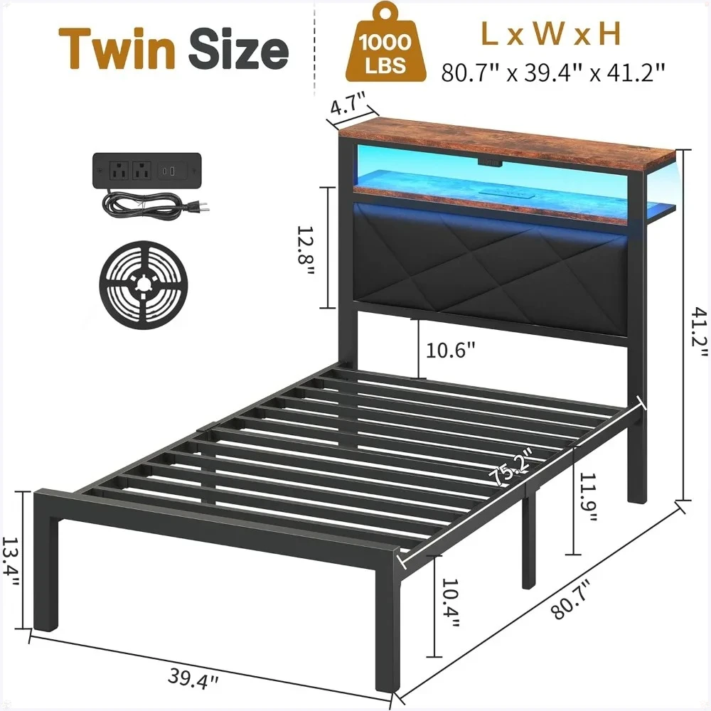 

Double bed frame with headboard and built-in USB charging station, under-bed storage, no mattress required, dark gray.