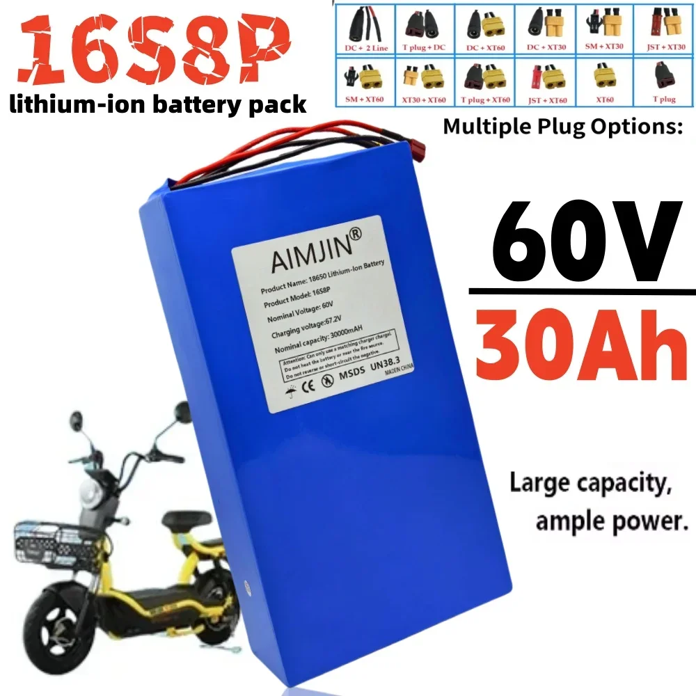New 60V 30Ah 16S8P lithium battery pack 500-3000W high-power built-in BMS scooter motorcycle charging battery pack