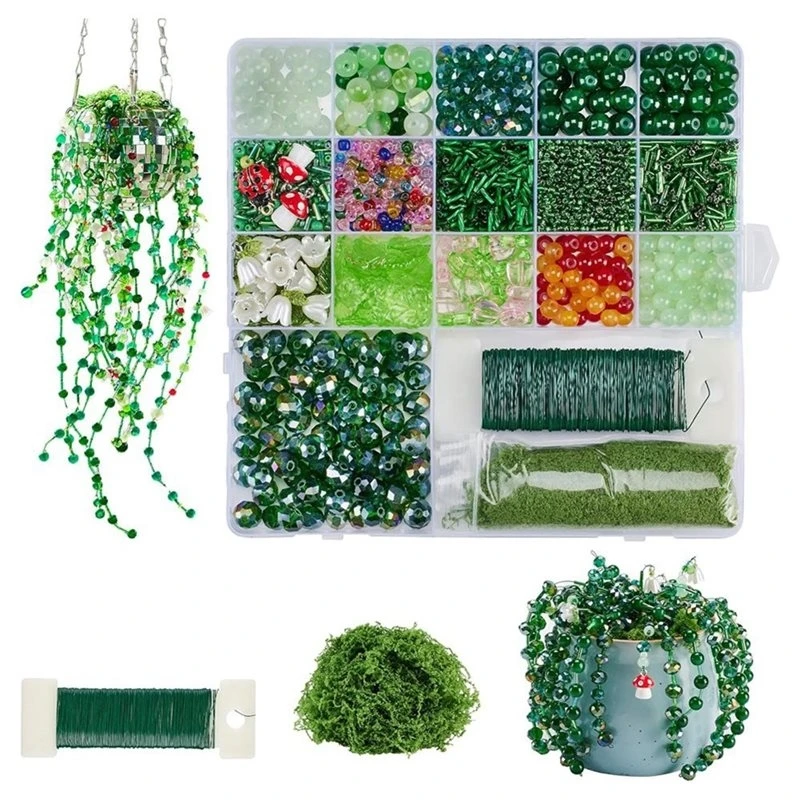 グリーンガラスビーズ植物キット、植物ジュエリー製作やdiyクラフト用の永久的な植物ビーズリーフフラワービーズ