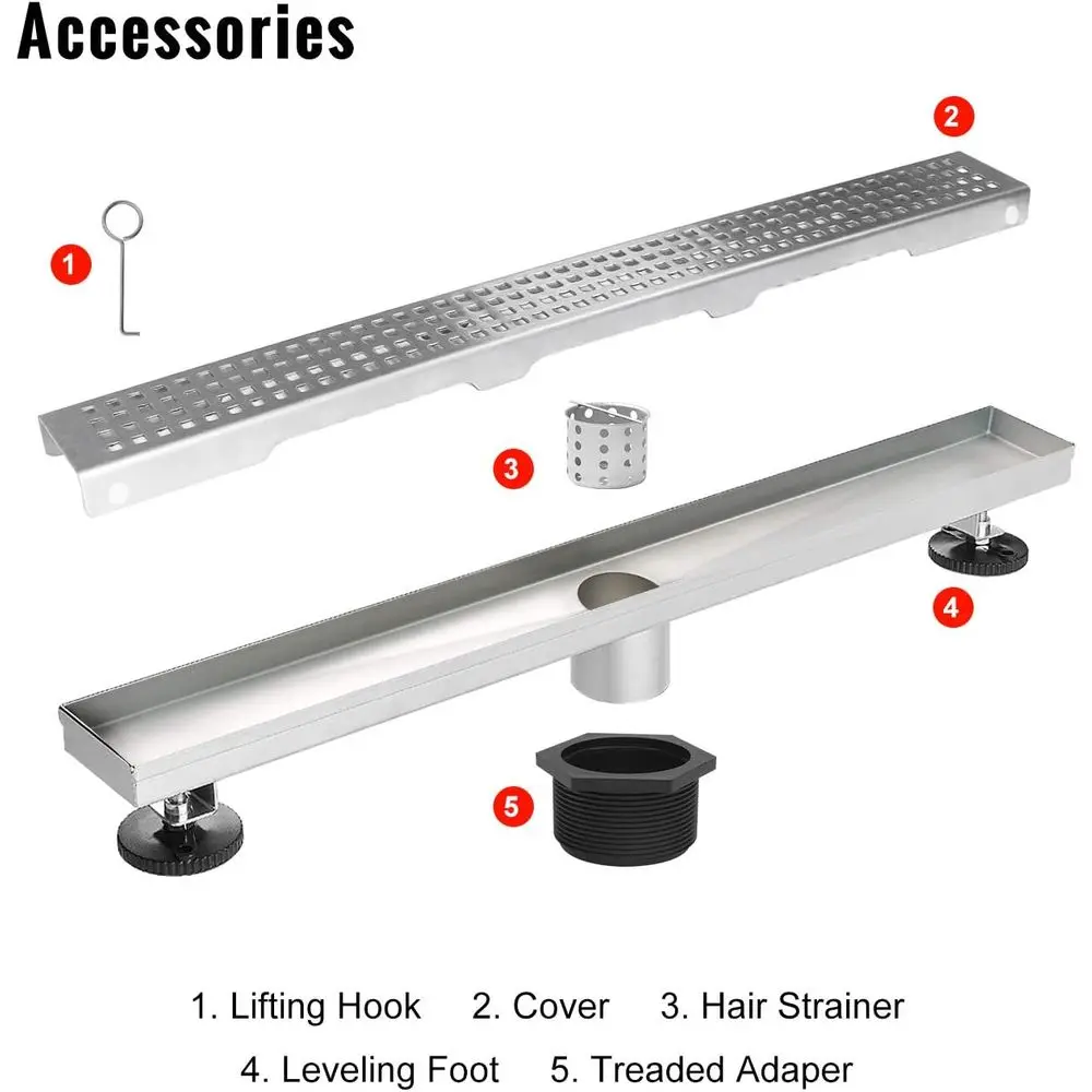 40 تصريف دش من الفولاذ المقاوم للصدأ المصقول مع شبكة قابلة للإزالة وصائد الشعر وأقدام قابلة للتعديل