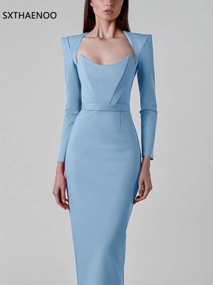 SXTHAENOO Frauen Winter Sexy Langarm V-ausschnitt Rosa Schwarz Weiß Midi Verband Kleid 2025, Elegante Abend Club Party Kleid