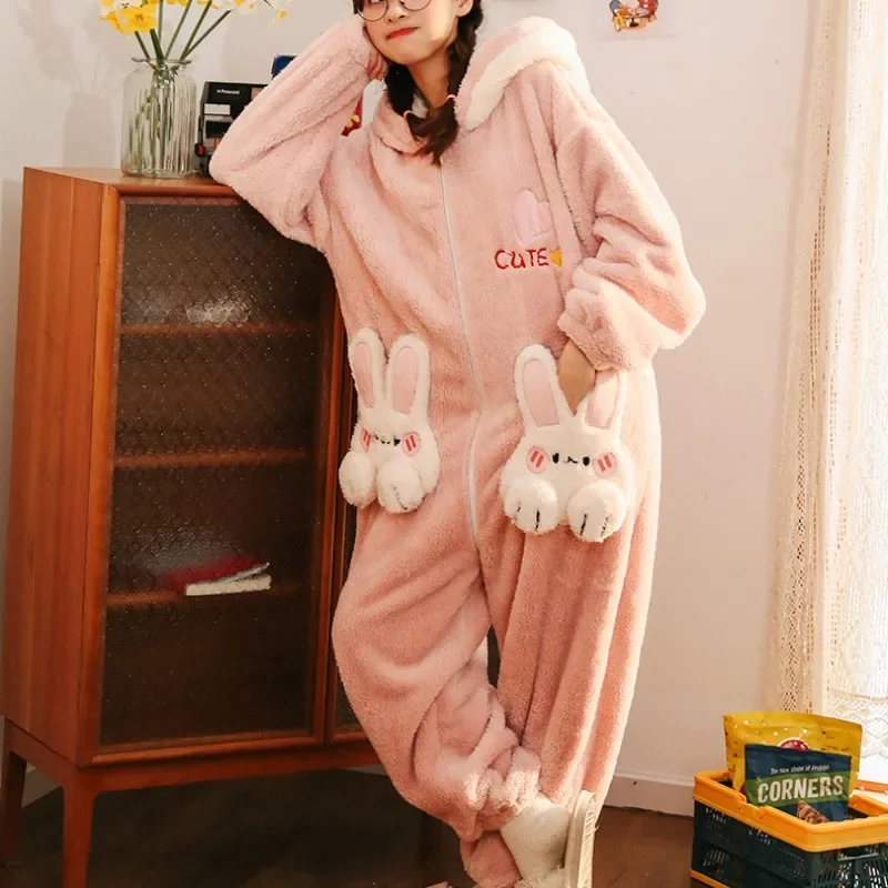 Coral Velvet Onesies Women Cute Rabbit Preppy Cartoon Hooded Kawaii Thicker Keep Warm Cotton Pajamas Homewear Sweet Girl New