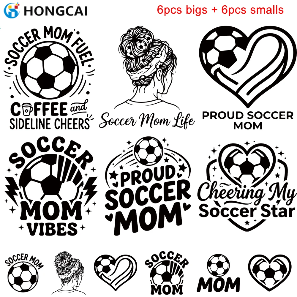 12Pcs Soccer Mom Iron-On Patches Black White Heat Transfer Stickers for Clothing T-Shirt DIY Family Cheering Decoration