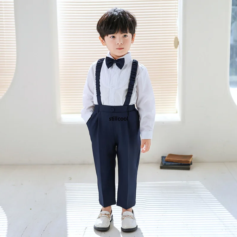 Setelan baju lengan panjang untuk anak laki-laki, seragam sekolah musim panas, baju lengan panjang, celana tali belakang, pakaian Formal, Blazer penampilan ulang tahun, pernikahan, anak laki-laki