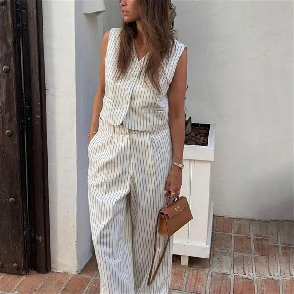 Two-piece Set Women Loose Fit Suit Chic Women's Linen Striped Suit Set with V-neck Tank Top Wide Leg Pants for Daily Wear Work