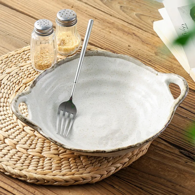 

Retro Handmade Double Ear Cerc Plate Anti-Scalding Curry Plate Japanese Sle Home Use Bowl Di Plate Love Joy Residence
