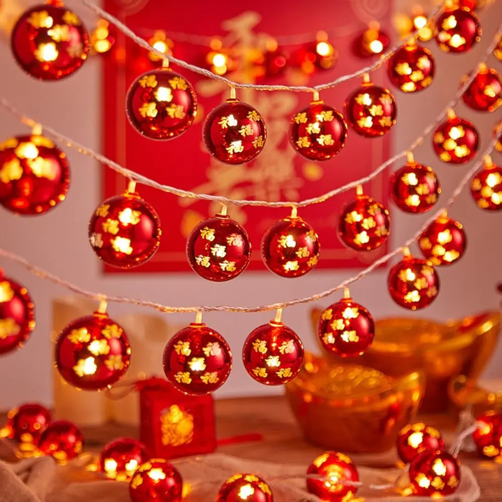 Large Red New Year Lantern Strings String Lights Plastic Balls Fu Character String Lights Energy Saving LED Lighting