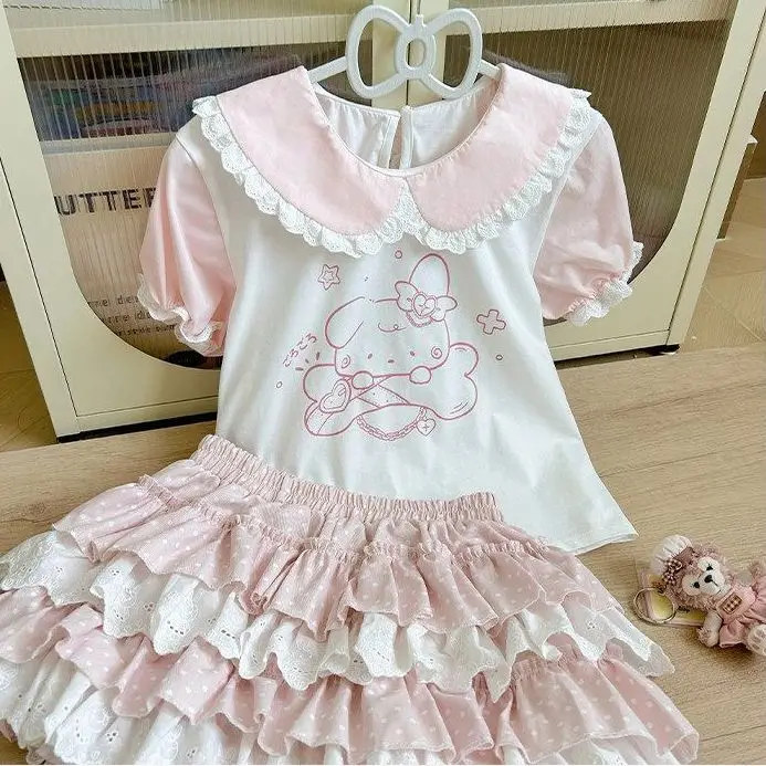 Pink Polka Dot Lace Trim Tiered Ruffle Mini Skirt Kawaii & Sweet Lolita Aesthetic Cute Layered Cake Skirt Preppy Style JK Japan