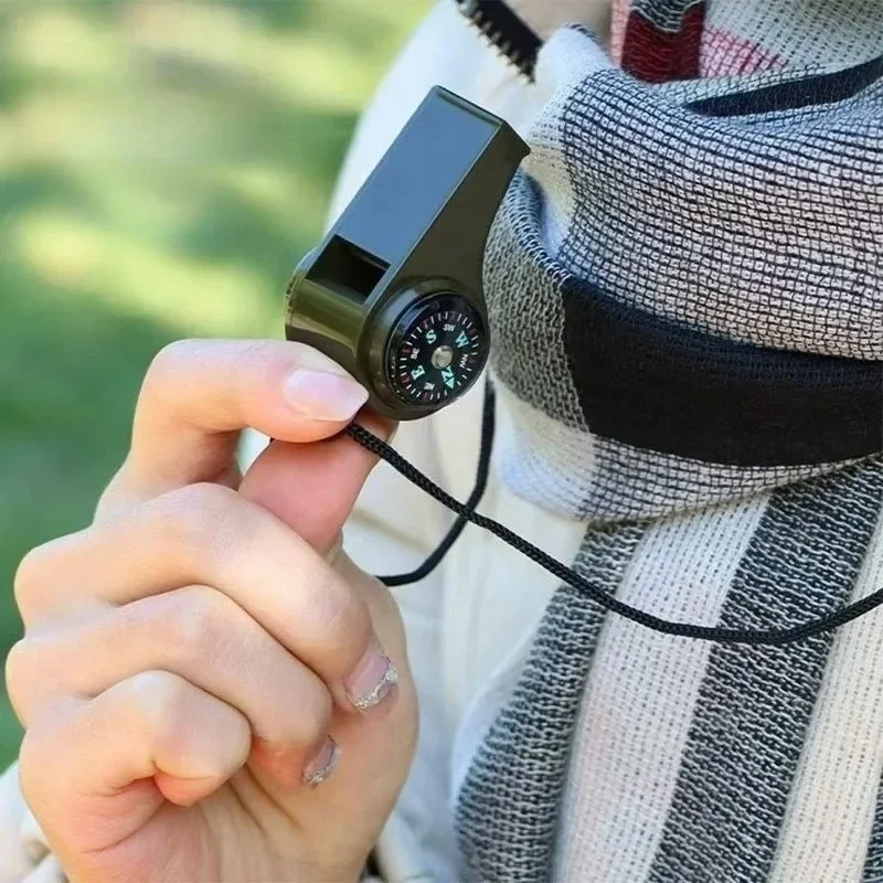 Multipurpose Jungle Survival Whistle Hiking Whistle Compass Mirror Flashlight Magnifier LED Light Thermometer Storage Compass view 6