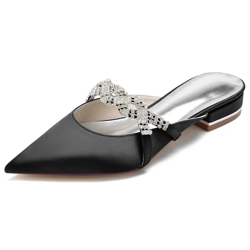 2024 Pointed Silver Insole Flat Sole Slippers for Outerwear 36-43 Rhinestone Satin Women Sandals New 3cm Thick Heel Skirts Shoes