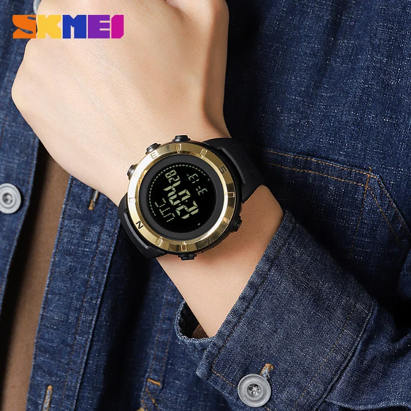 SKMEI นาฬิกาข้อมือดิจิตอลสำหรับผู้ชาย, นาฬิกาดิจิตอลกีฬาทหารนาฬิกาจับเวลามัลติฟังก์ชั่นมีเข็มทิศบอกวันที่กันน้ำมีไฟ LED