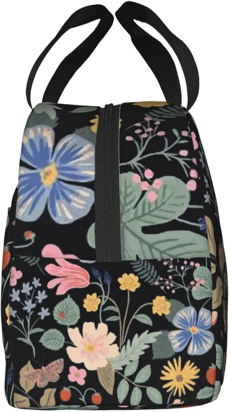 Flowers And Strawberries Lunch Bag For Teen Girls Women, Oxford Cloth Reusable Lunch Tote Box Bag For Work School