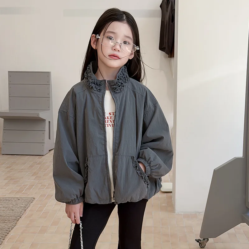 Autumn Lightweight Zipper Windbreaker for Girls Sweet Temperament Casual Flower Bud Hem Lace Windbreaker Stand Up Collar Jacket