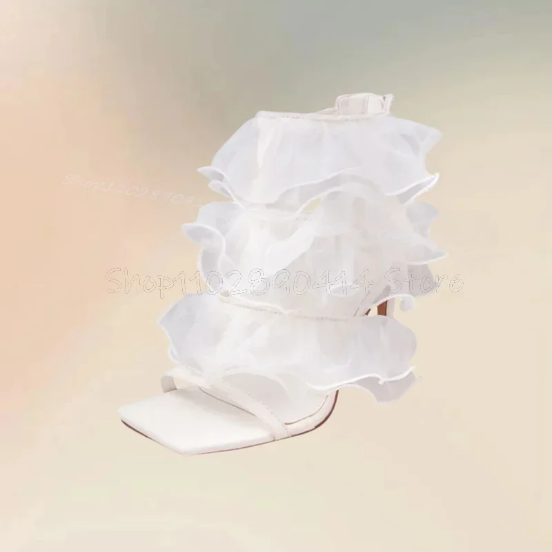 

Blue Mesh Falbala Design Open Toe Sandals Back Zipper Women Shoes Thin High Heels Fashion Party Banquet 2025 Zapatos Para Mujere