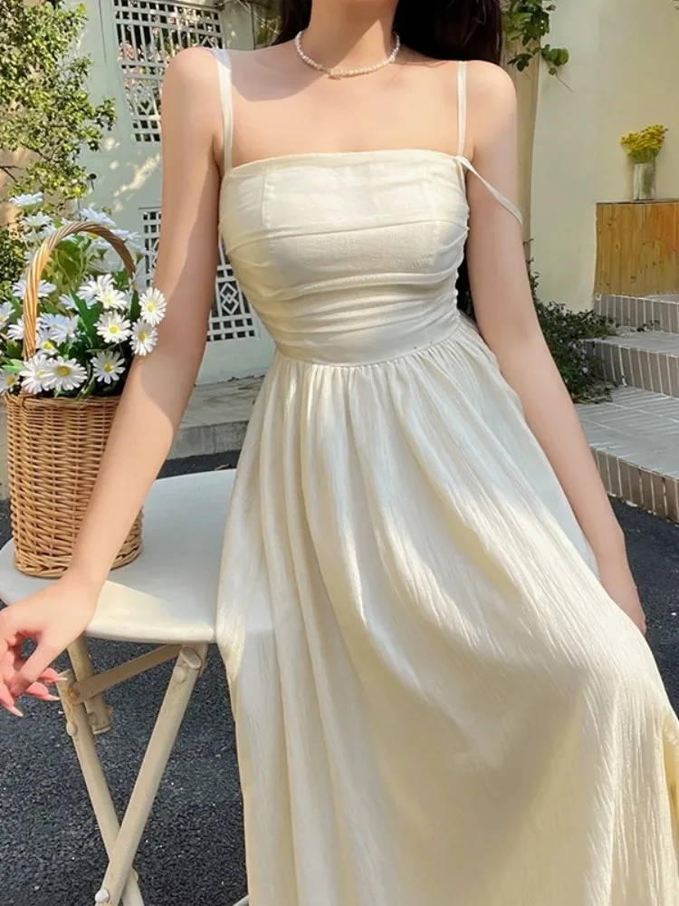 Vestido De línea A con tirantes finos para Mujer, ropa estética, camisola, Vestidos De Mujer, bata con pliegues, ropa De calle lisa De una pieza