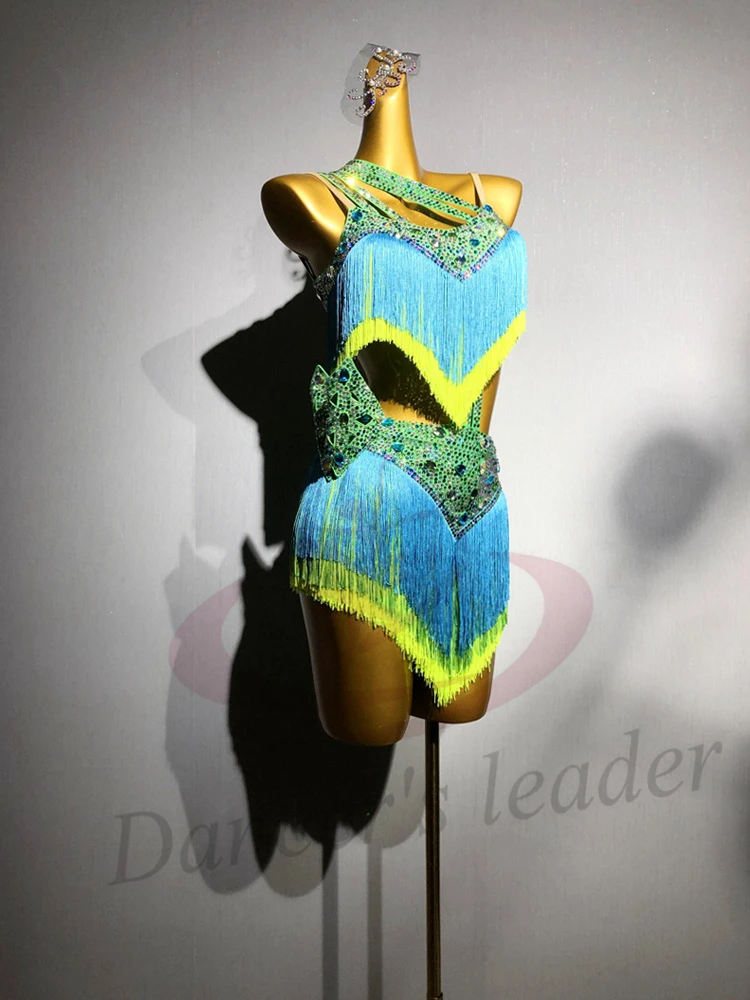 Latin Dance AB Steen Vrouwelijke Volwassen Kinderen High-end Aangepaste Kleur Clash Kwastje Bloemenjurk Zwart Zwembad Samba Prestaties Jurk