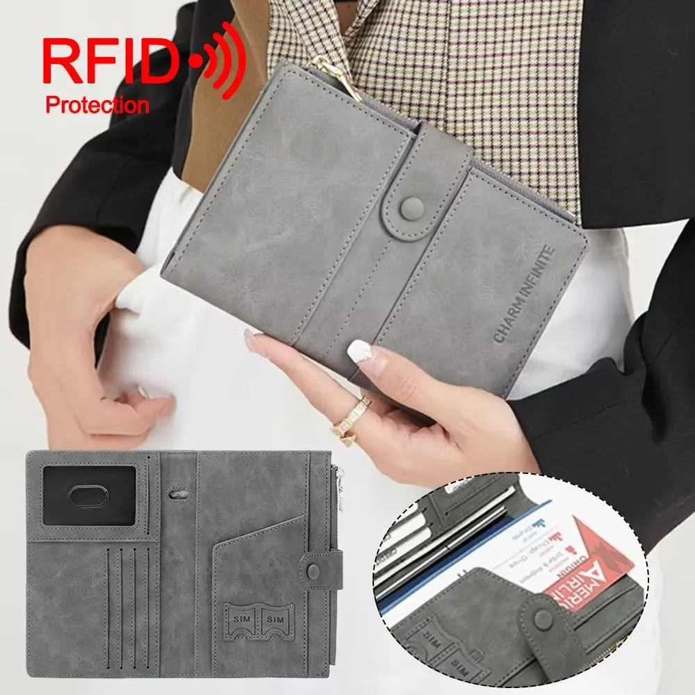 

Portable PU RFID Blocking Passport Bag Solid Color Anti-theft Ticket Card Holder Multifunctional Zipper Buckle Wallet