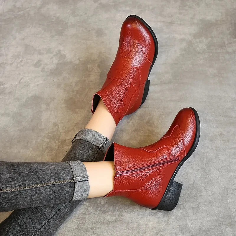 Genuine Leather Boots Woman Winter 2022 Round Toe Ankle Boot Female Low Heel Shoe Woman Short Booties Black Red