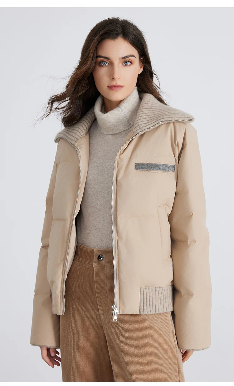 BC835 Weiße Gänsedaunenjacke mit großem Revers, warm, mit Reißverschluss, langärmelig, 100% Kaschmir, warmer Mantel – Detail 3