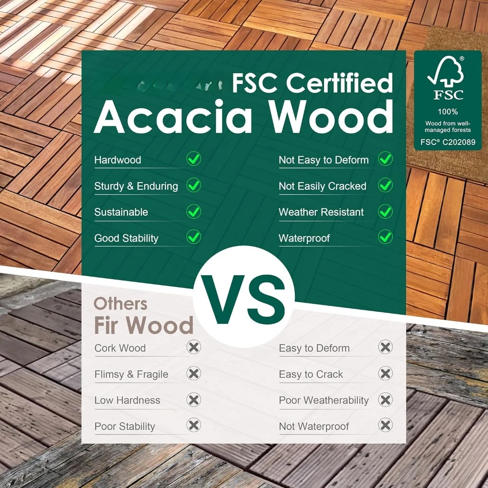 54 PCS  Acacia Wood Interlocking Patio Deck Tiles, for Balcony, Backyard, 12" X 12" Indoor Outdoor Waterproof Flooring Tiles