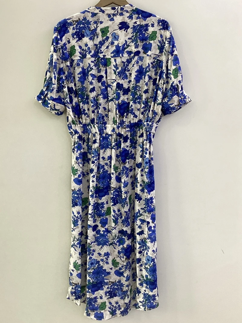 

Dress for women 2024 new item small stand collar blue rose print double pocket white short sleeved long skirt