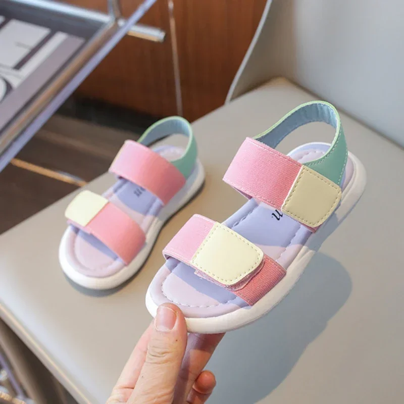 2024 Summer New Girl Sandals Korean Style Fashion Children School Soft Bottom Causal Sandals Open-toe Kids Outdoor Beach Shoes