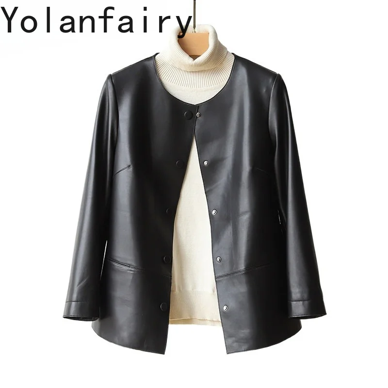 YOLANFAIRY Top Quality 100% Real Sheepskin Coat Woman Elegant Round-neck Genuine Leather Jacket Women Loose lederjacke damen