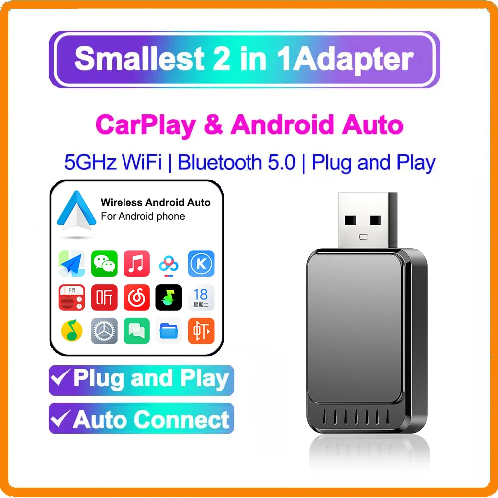 

2in1 Wireless Carplay Adapter Android Auto Wireless Smart Dongle For Volvo Benz Cadillac Jeep Lexus Buick Benz Audi Mazda VW Kia