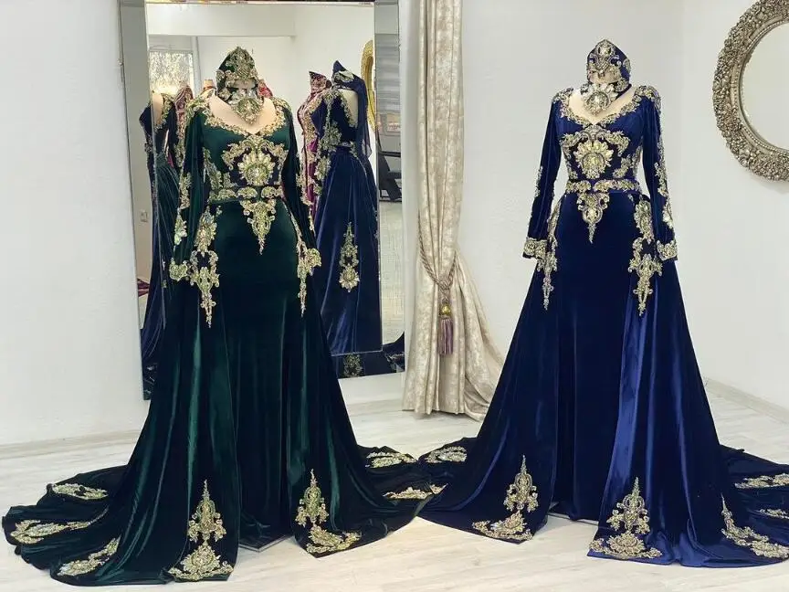 Hunter Green Velvet Caftan Henna Prom Dresses with Overskirt Lace Applique Beaded Long Sleeve Kaftan Evening Outfit Gown