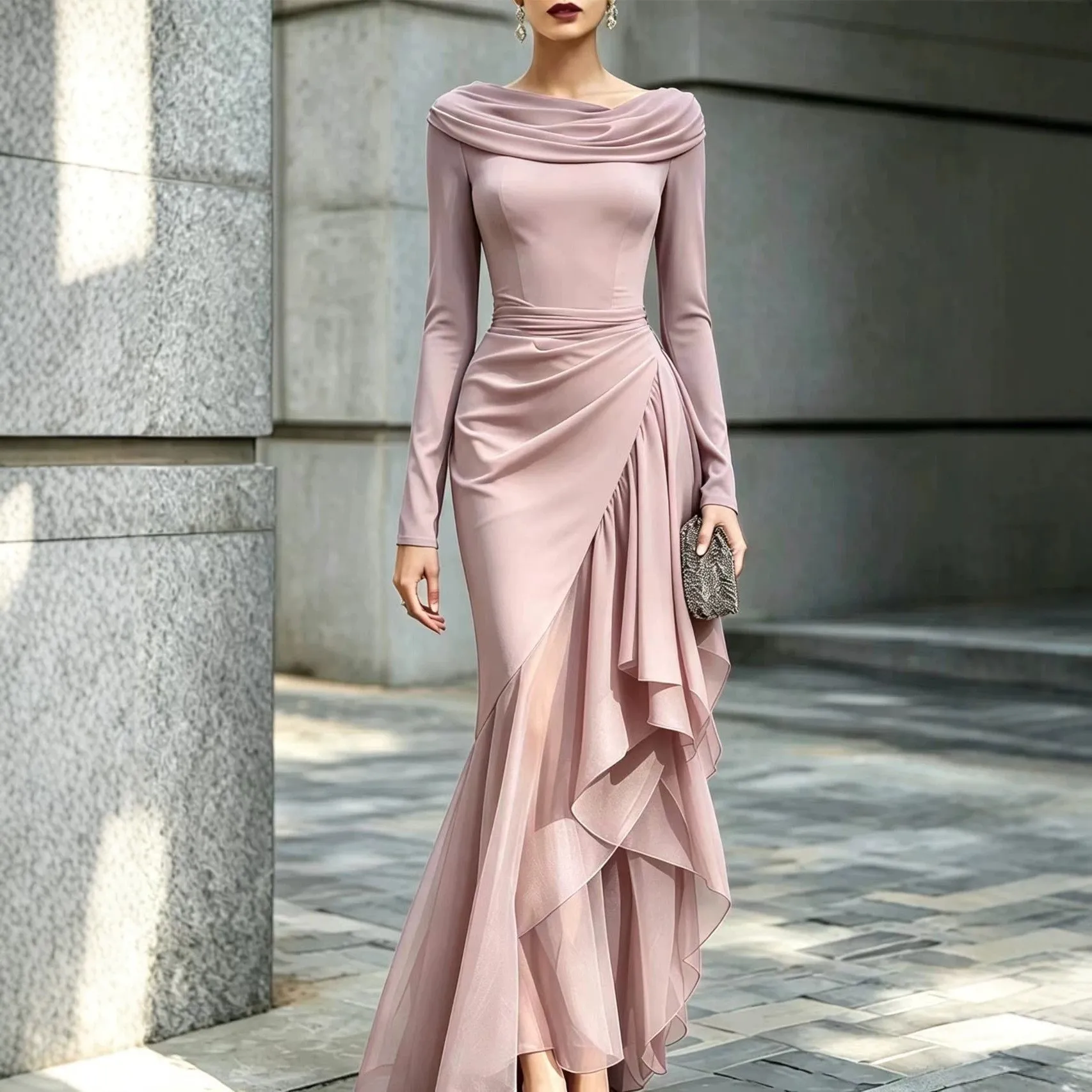 Patchwork Dresses Pleated Dress Maxi Length Elegant with Daily Short Sleeves Turtleneck Style Slim Fit Autumn Winter for Women