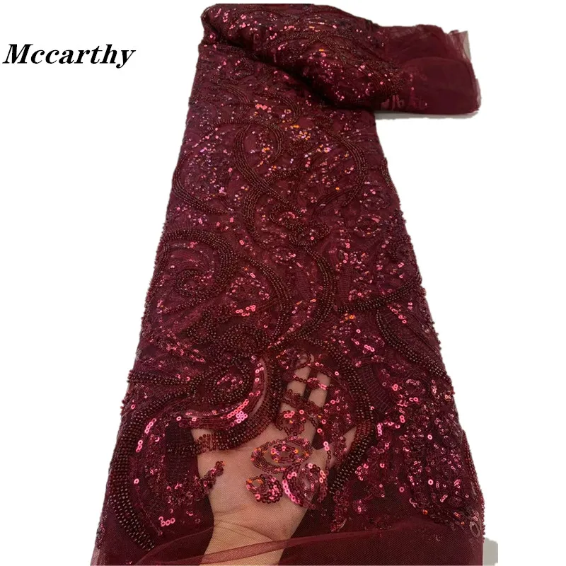 2024 Wine Red High Quality African Lace Fabric Sequins Mesh Luxury Heavy bead Embroidered Tulle Fabric for Sewing Dresses ZX50YY