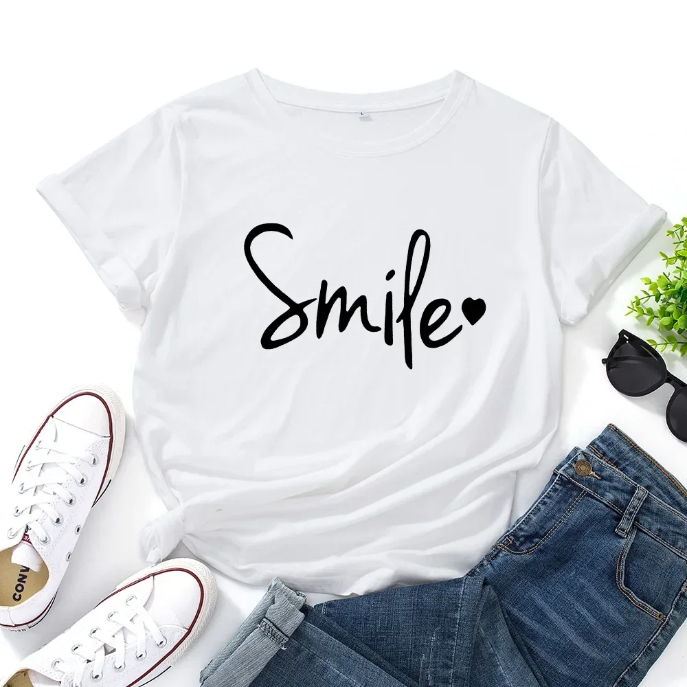Oversized Women's Tees 100% Cotton Short Sleeve T-shirt Smile Letter Print Graphic T Shirt Female Tshirt Woman Tops