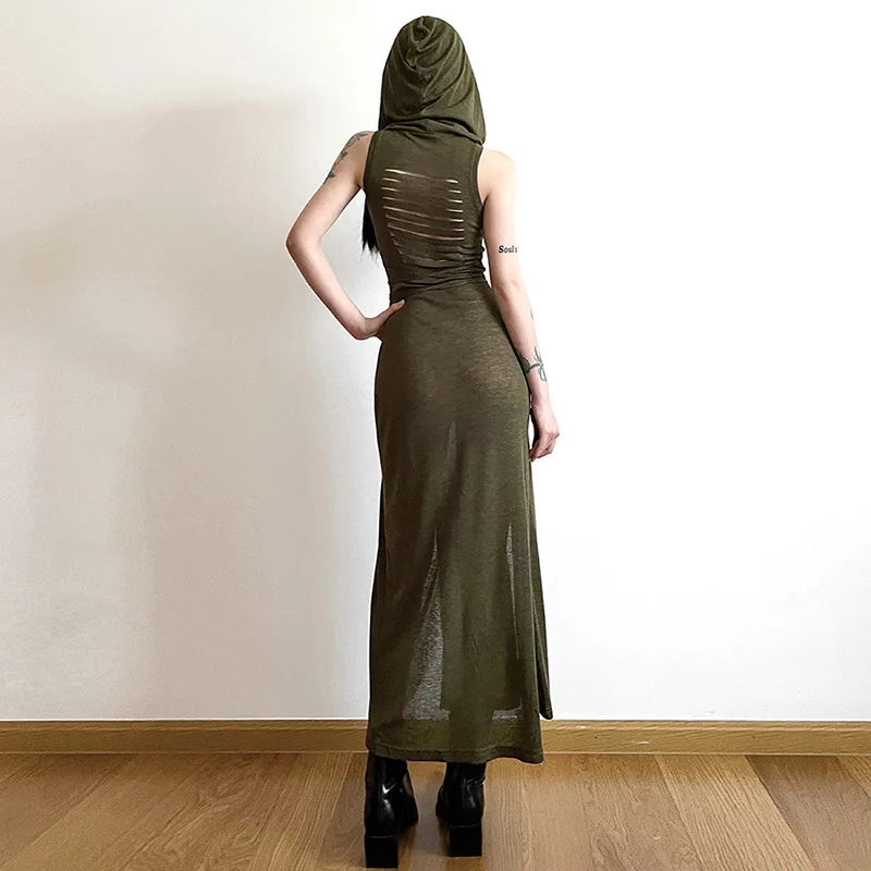 Autumn new women's clothing fashion trend hooded hollowed backless sleeveless slit long dress dress