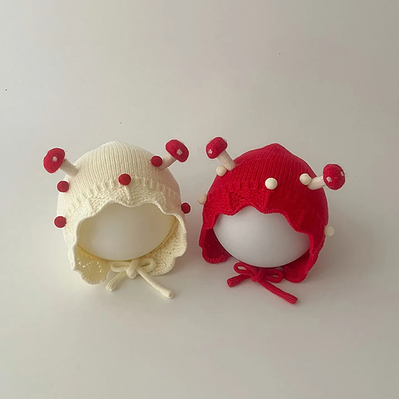 Red Mushroom Baby Ear Protection Hat Winter Warm Earmuffs Cap 3-24Month Girls Kids Tie Beanies Solid Color Woolen Knitted Hats