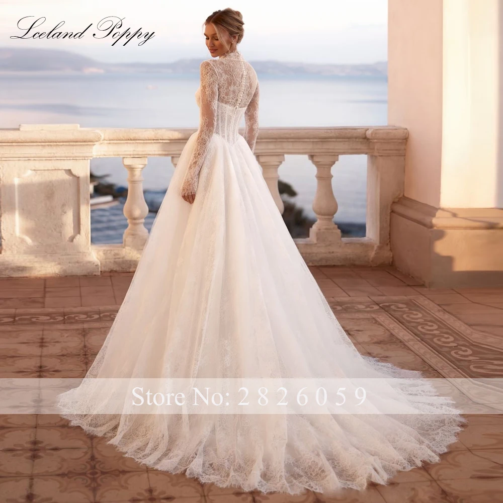 Lceland Poppy Customized A Line Lace Wedding Dresses Illusion Full Sleeves Bridal Gowns with Court Train