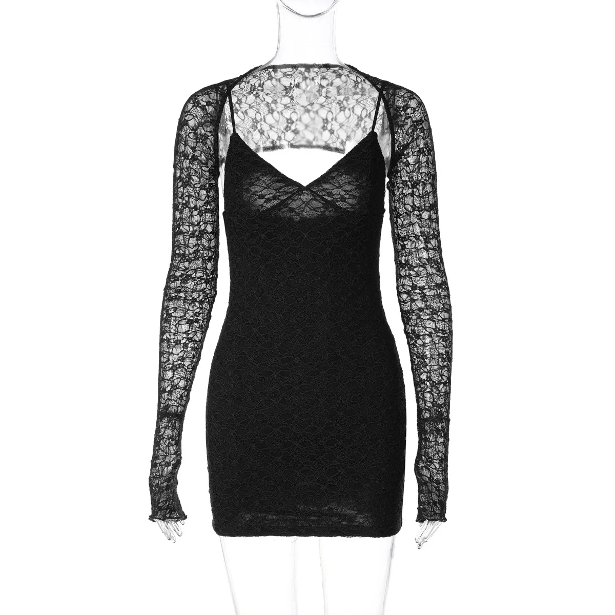 JHJN Women Dress Lace Patchwork Sexy Long Sleeves Mini Skirt V-Neck Backless Frock Slim Club Gown Bodycon Mesh Hottie Dresses