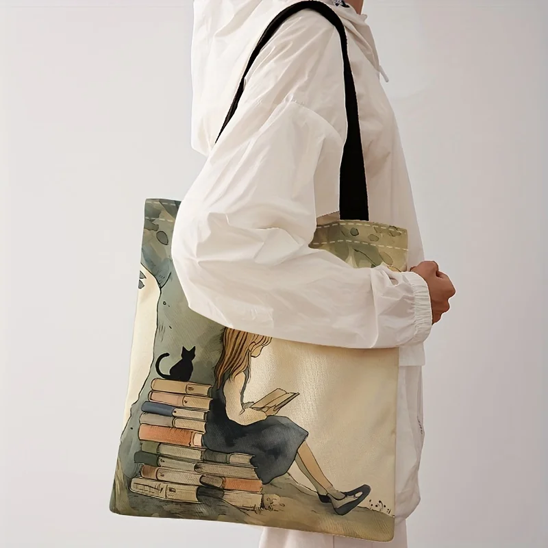 Cartoon Reading Under Tree Print Handbag, Polyester Shoulder Shopping Bag, Fashionable Multifunctional Reusable Handbag