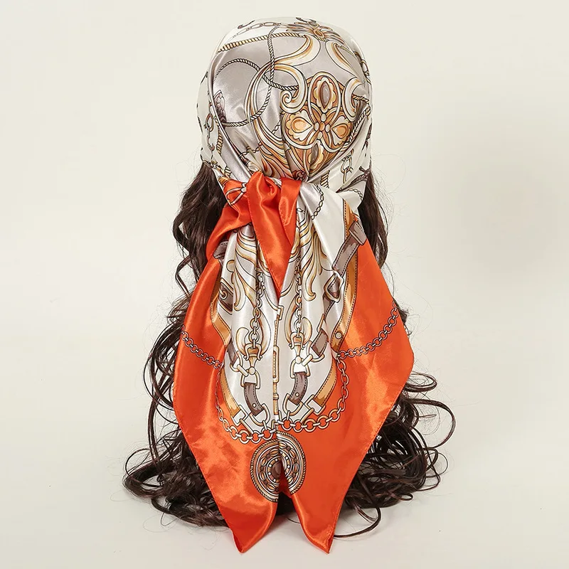 

European and American new chain rope printed bag head square scarf, elegant temperament simulation silk 90cm large silk scarf