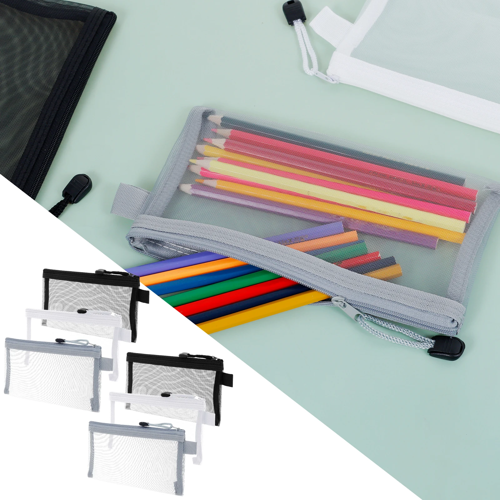 6PCS Transparent Zipper Pencil Case Nylon Makeup Bag Portable Examination Stationery Bag Multipurpose File Organization Bag