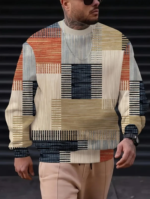 autumn hoodie men's loose and fashionable printed sweater plus size long sleeved top casual retro trend round neck shirt