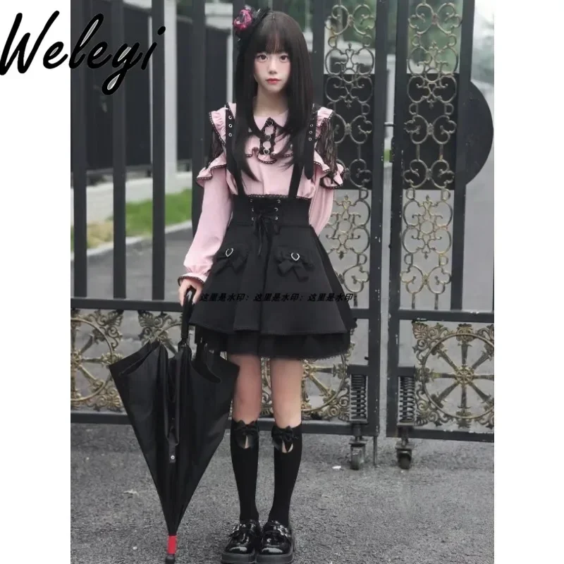 Jirai Kei Lolita Womens Two Peice Sets Cute Japanese Mass Production Mine Tie Bow A Word Strap Skirts Kawaii Long Sleeves Shirts