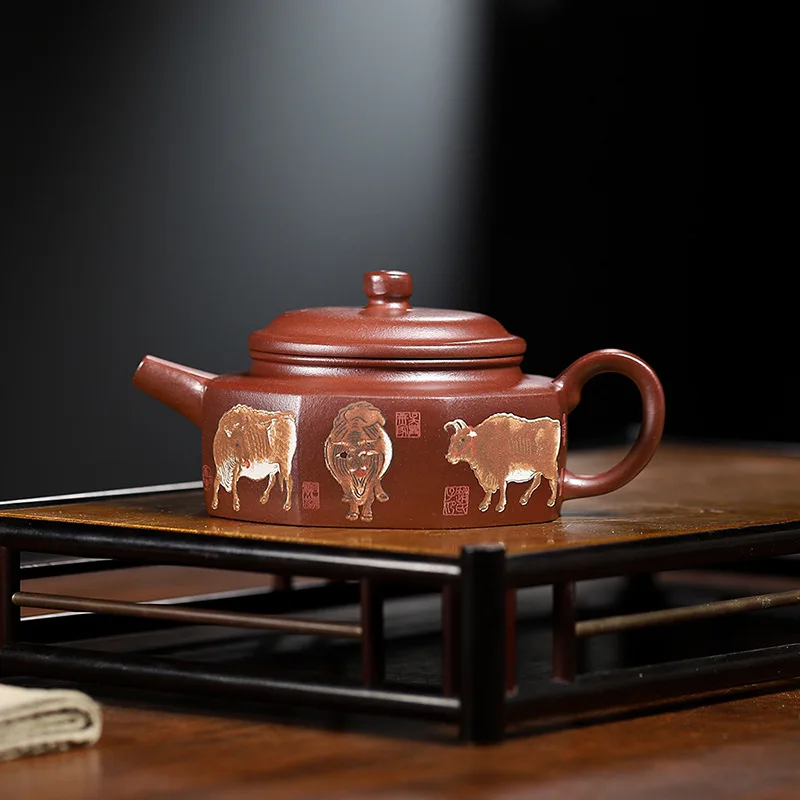 High Quality Yixing Handmade Clay Teapot Tea Set Ore Purple Five Cattle Eight Square Flat Dezhong Household