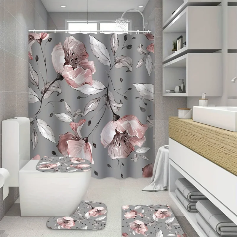 4pcs Grey Pink Floral Shower Curtain Set, Bath Rug, U-Shape Mat, Toilet Lid Pad, Water-resistant Shower Curtain With 12 Hooks,