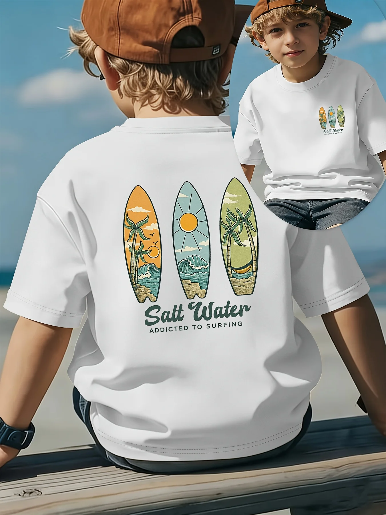 Tropical Beach Palm Trees and Surfing Waves, Fashionable Summer Casual Children's T-shirt, Summer Round Neck Parent-child Outfit
