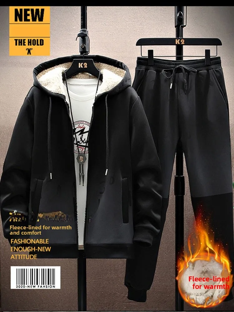 

Lamb Velvet Hoodie And Cardigan Set Men's Thiened Loose Winter Faion Casual Sportswear Polyester Long Sve Long Pants