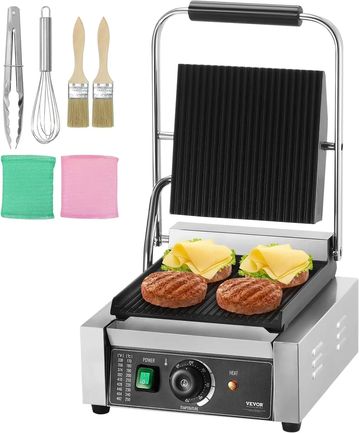 Parrilla de Panini comercial, máquina de Panini de sándwich eléctrica de 1800W, parrilla de prensa de sándwich de acero inoxidable, parrilla de Panini con Tem