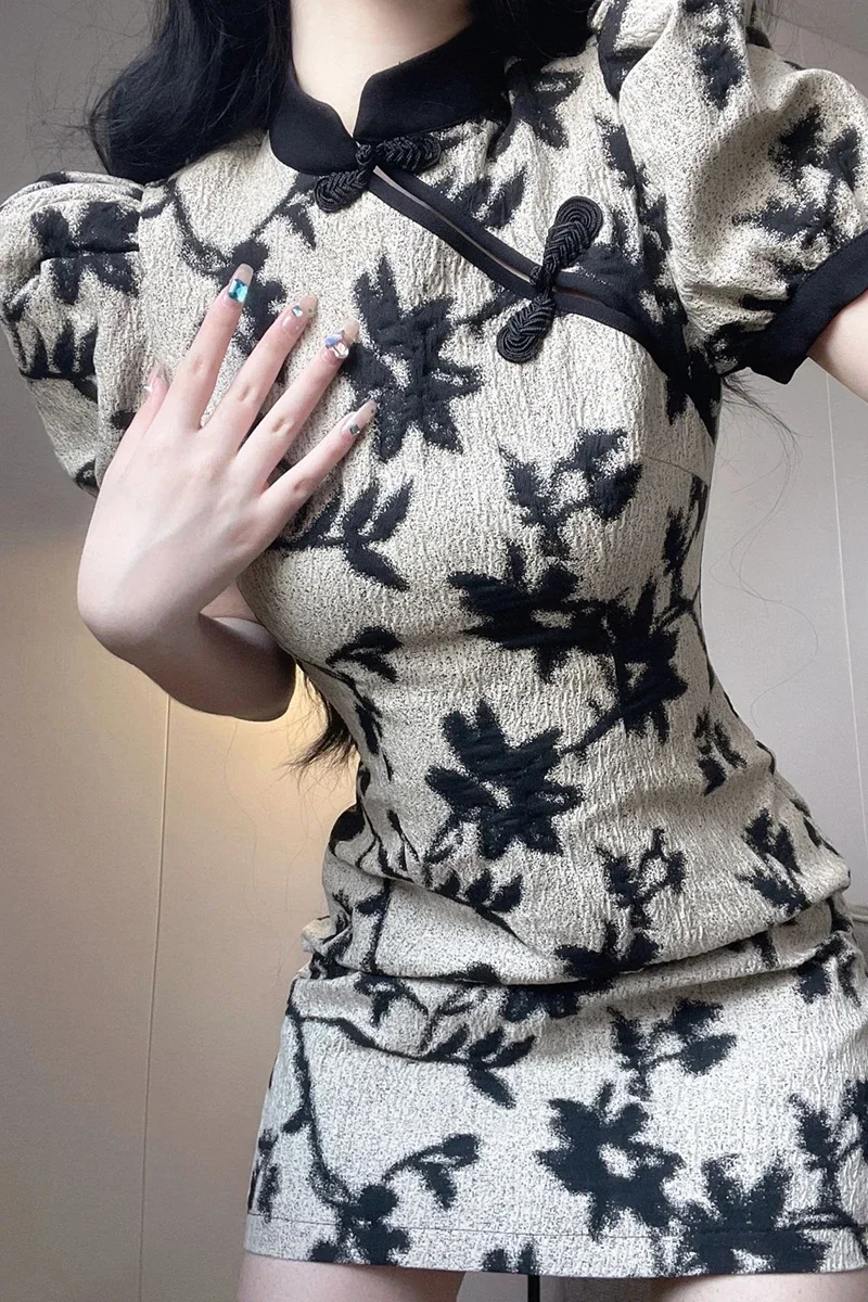 빈티지 여름 드레스 여성 2023 Vestidos De Mujer 스탠드 넥 짧은 소매 꽃 Bodycon 미니 드레스 기질 가운 Femme