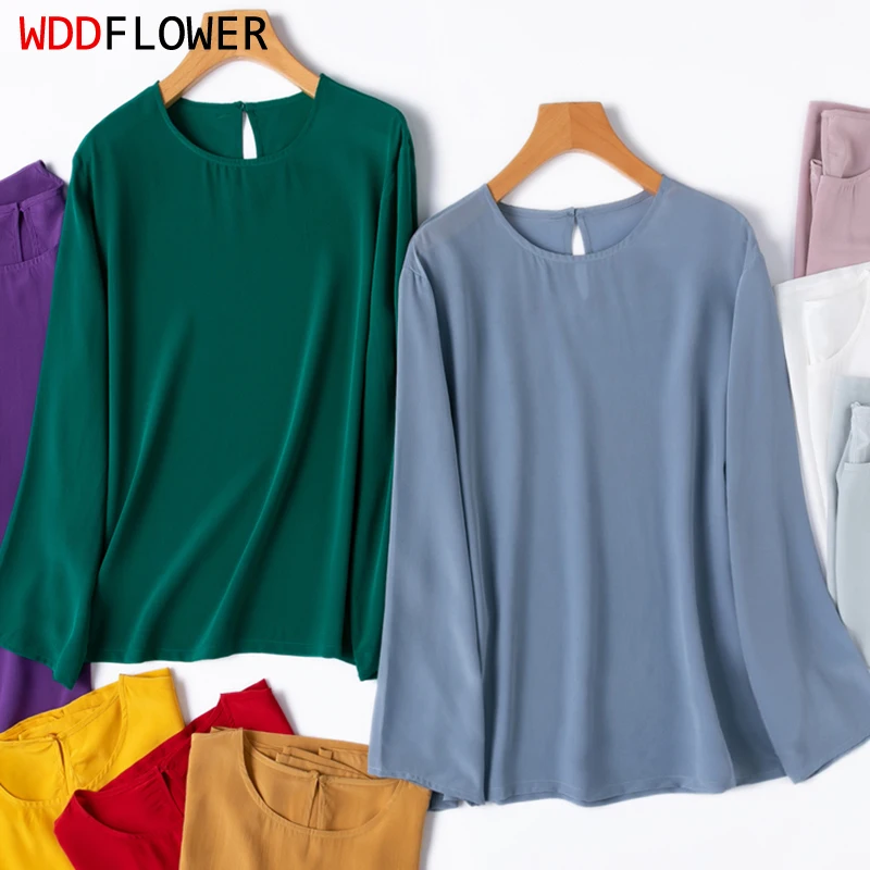 Camicetta di seta da donna 100% seta di gelso crepe di seta tinta unita tipo basic pullover a maniche lunghe camicia superiore ML XL M1459